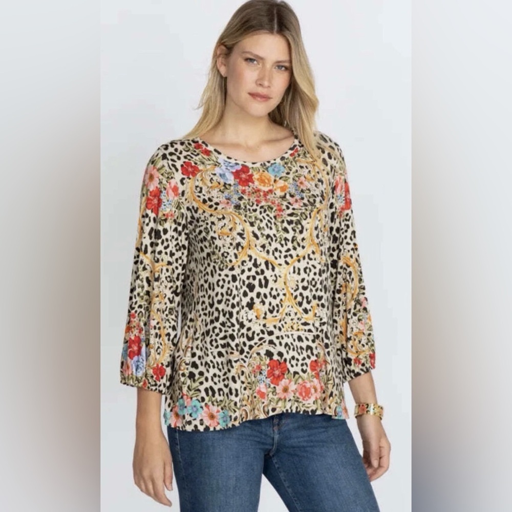 Johnny Was Leopard Floral Tunic Top Bamboo Viscose Puff Sleeve Boho XXS - Picture 3 of 12